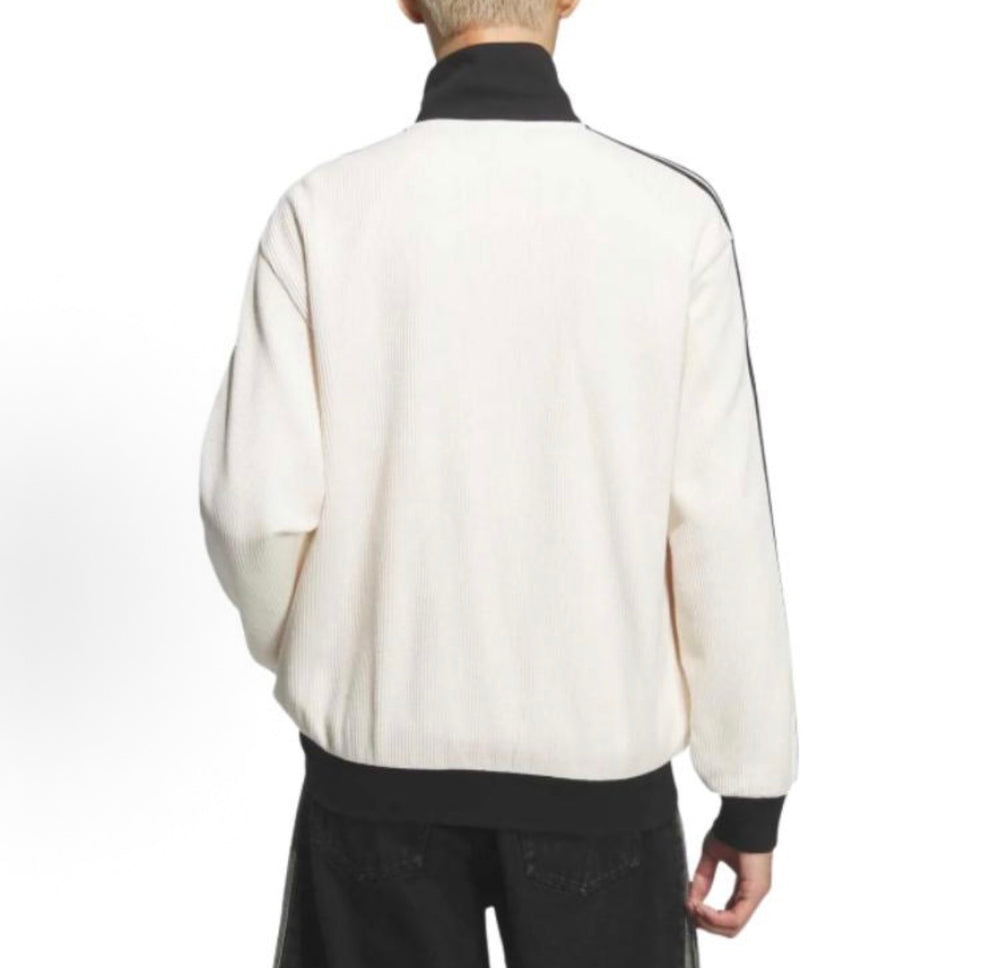 Adidas track jacket back view in white with black ribbed collar and cuffs.