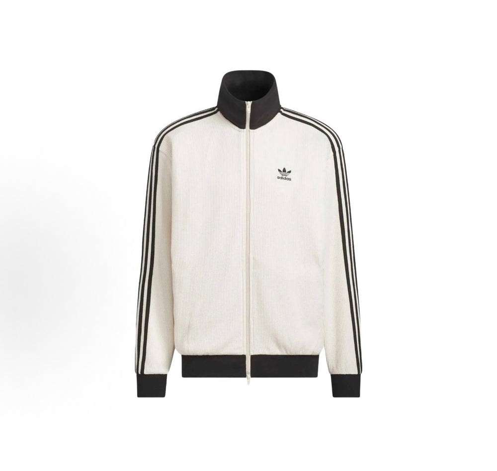 Adidas track jacket in white with black trim, stand collar, full zip front.