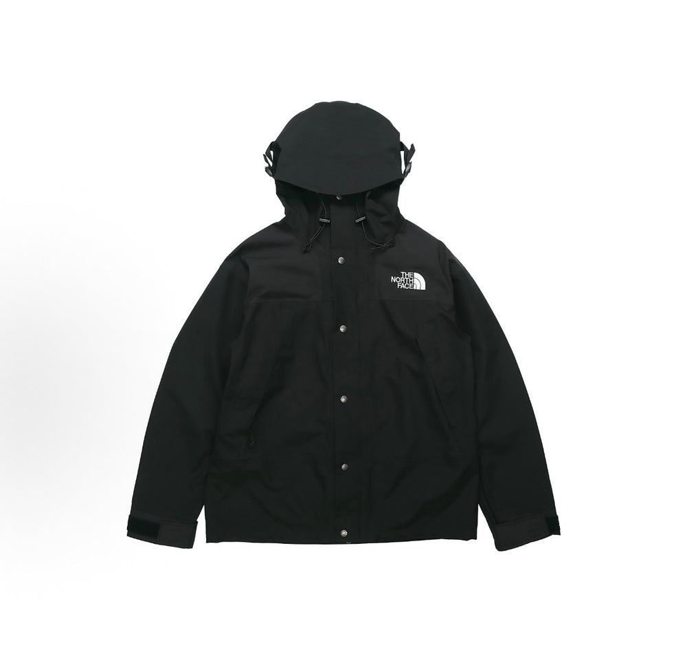 Black hooded shell jacket with drawstring hood, snap buttons, front logo