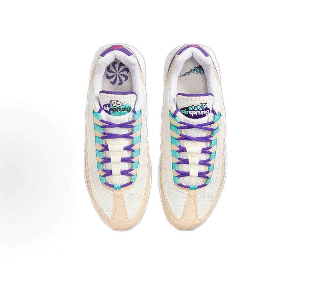 Nike Air Max 95 tongue and lace view with cream, purple, and teal details