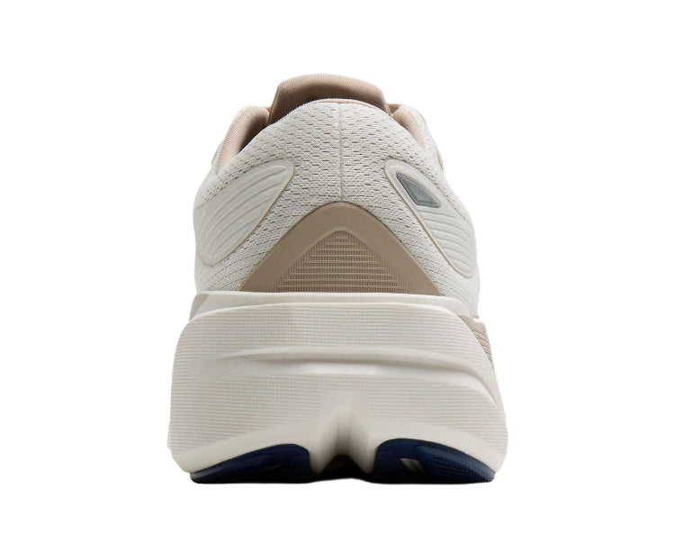 Beige running shoe heel with cushioned collar and thick midsole