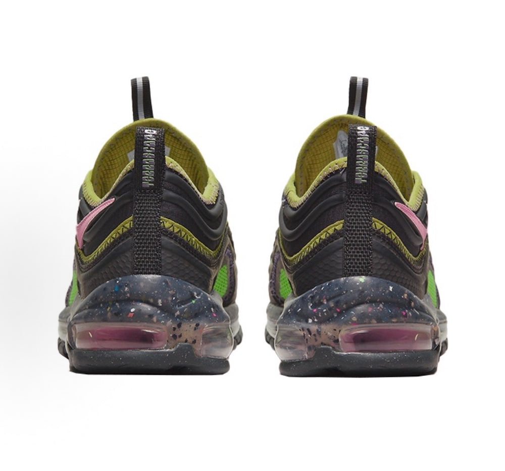 Nike Air Max 97 sneakers heel view, black upper with neon green collar and purple swoosh