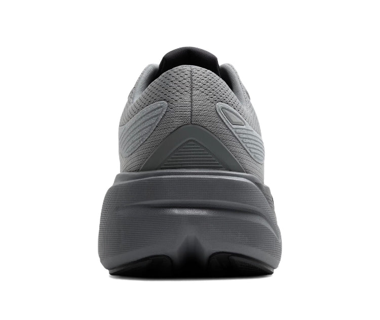 Back view of gray running shoe with padded collar and textured heel