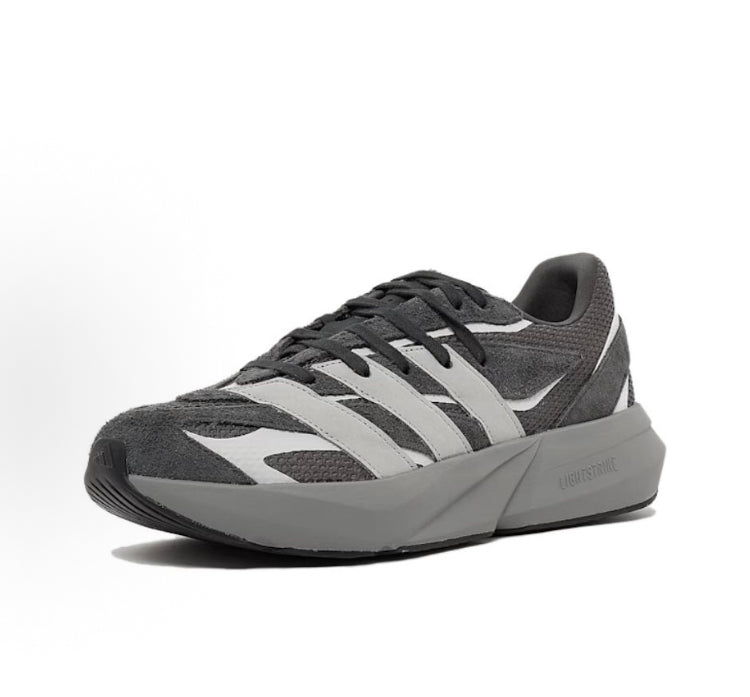 Carbon gray Adidas running shoes with white three-striped, black laces, and light midsole