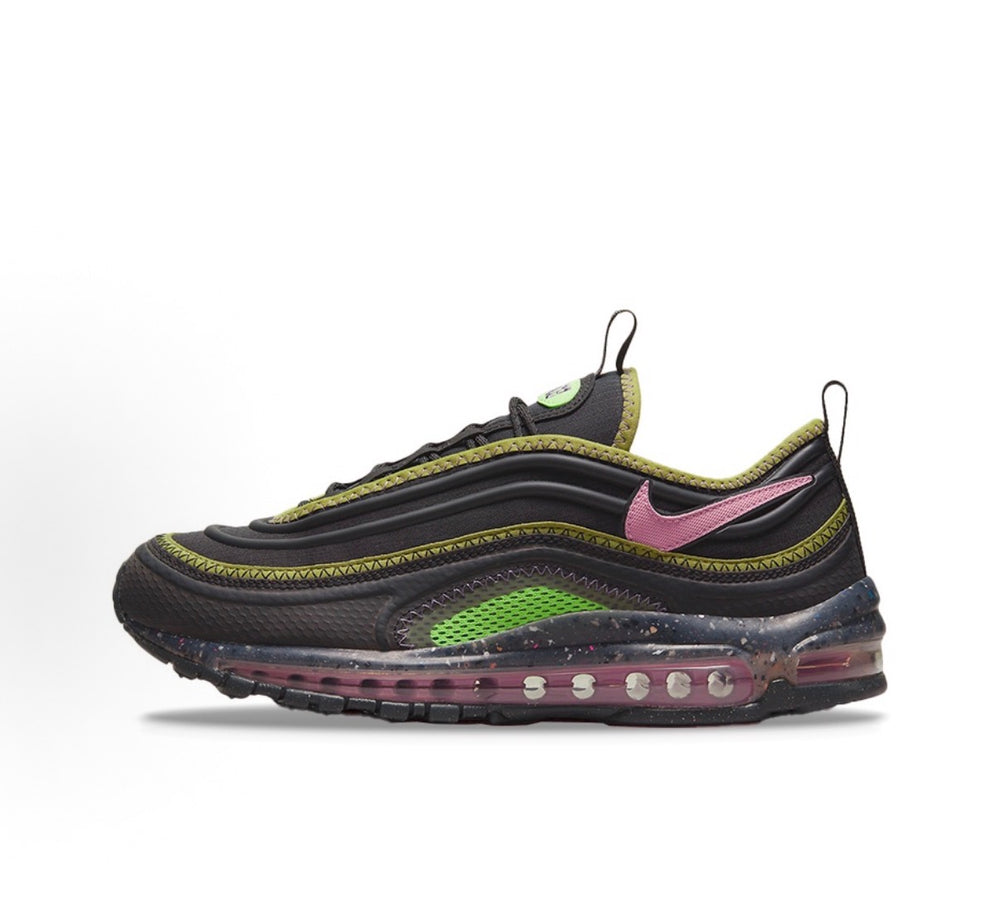 Nike Air Max 97 sneakers, black mesh with neon green and purple overlays