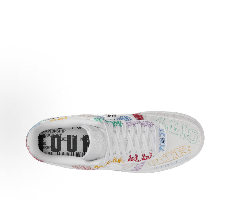 Low-top sneaker with beige outsole and multicolor printed upper, viewed from the side
