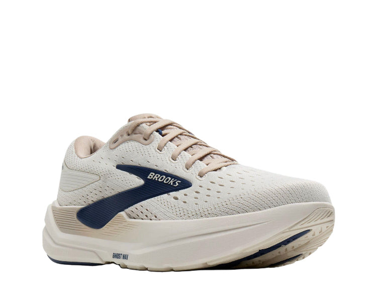 Beige running shoe with blue side stripe and lace-up design