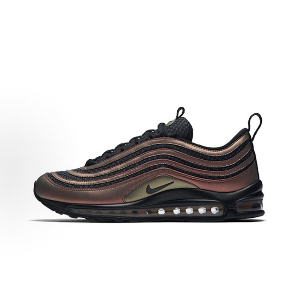 Nike Air Max 97/AJ988-900 sneakers, side profile with bronze wave stripes and Air window