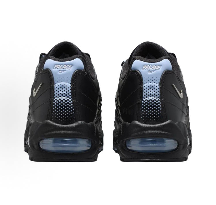 Chunky Air Max sneakers with black sides, silver mesh panels, and blue-tinted air