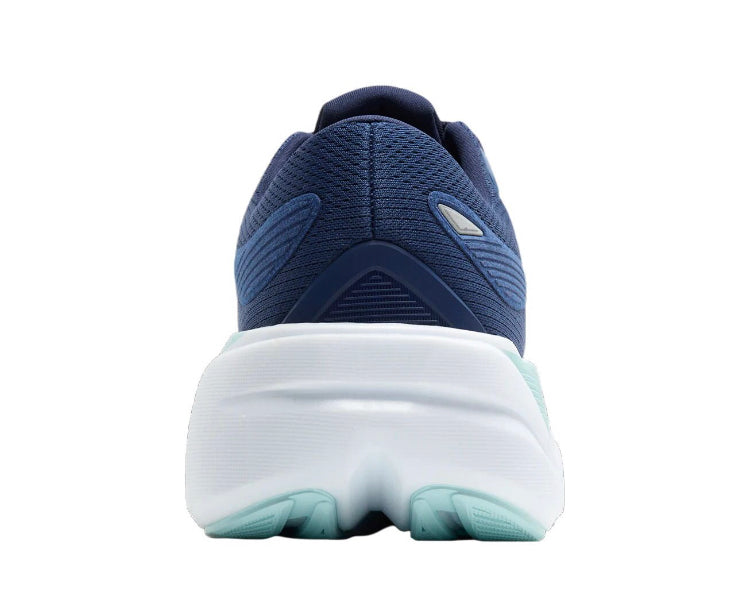 Back view of navy blue lace-up running sneaker with cushioned white heel