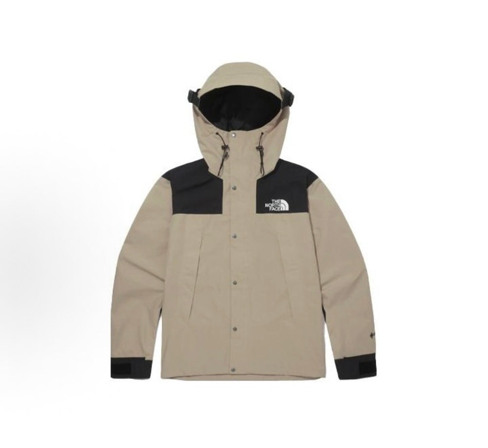 North Face hooded jacket, tan with black hood lining and front logo