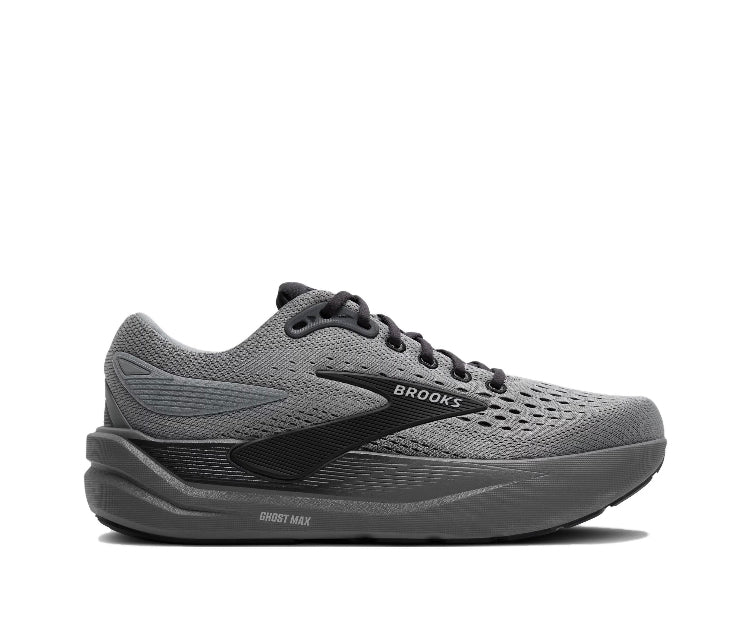 Gray running shoe with black side overlay and lace-up closure, side angle view