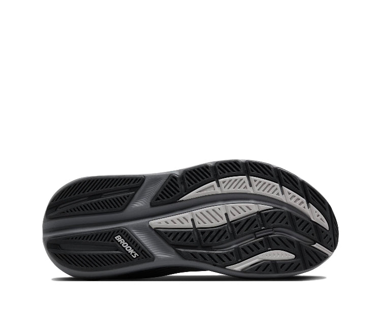 Running shoe outsole with deep tread and Brooks logo, dark gray and black