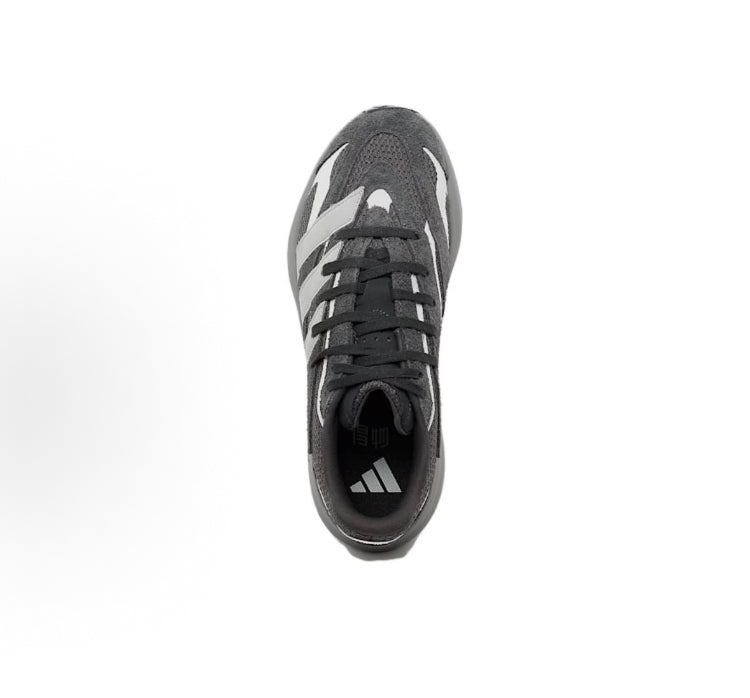 Carbon gray Adidas running shoe, lace-up front with white heel stripe and logo