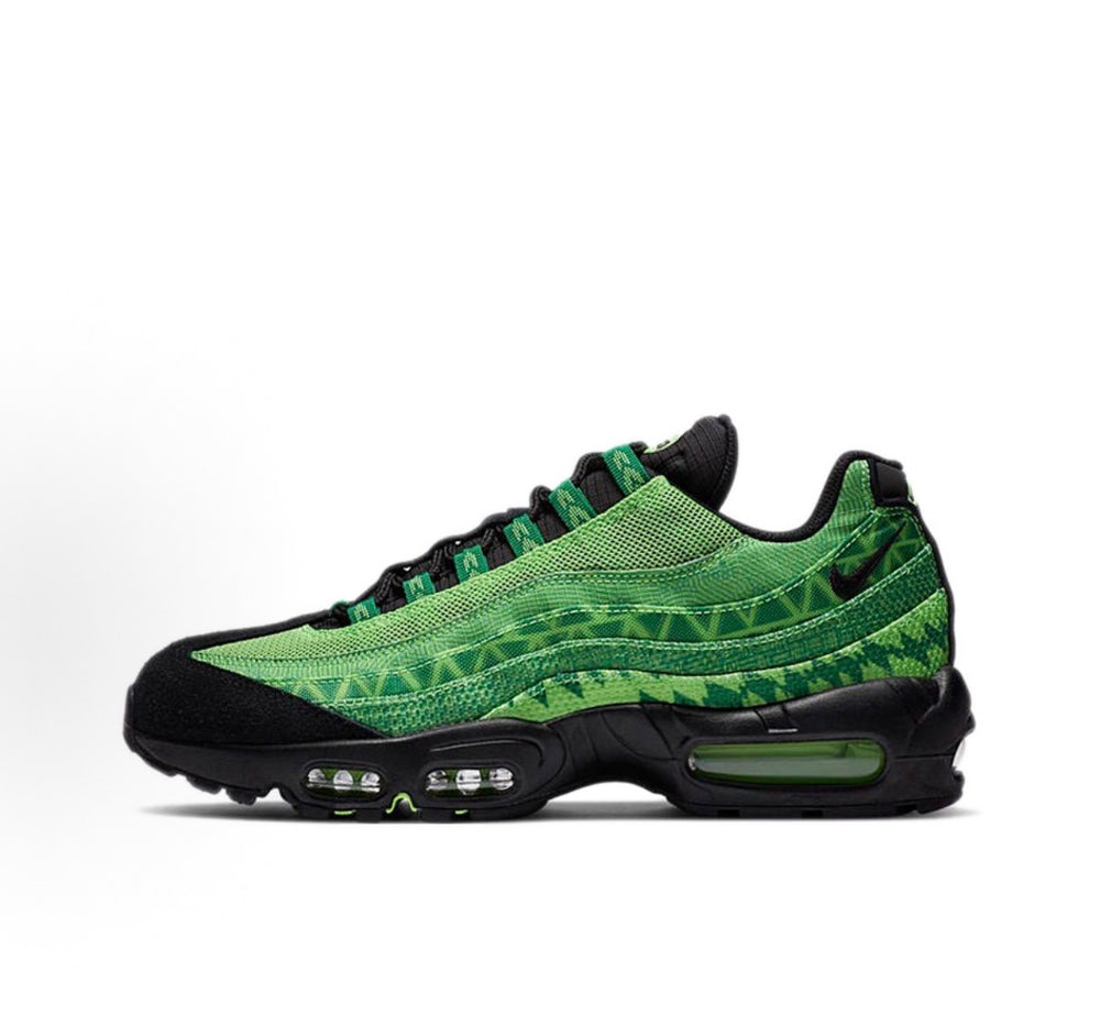 Nike Air Max 95 sneaker side view, bright green upper with black toe and laces
