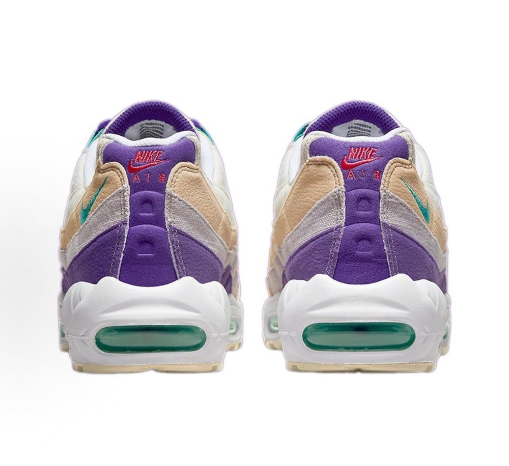 Nike Air Max 95 heel view with purple heel panels and green Air window details