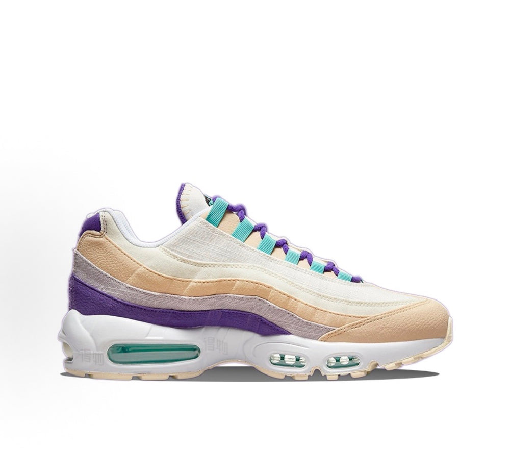 Nike Air Max 95 sneakers in cream, purple, and teal with purple laces