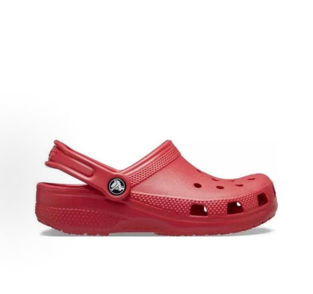 Red Crocs slip-on clog with perforated upper and adjustable strap detail