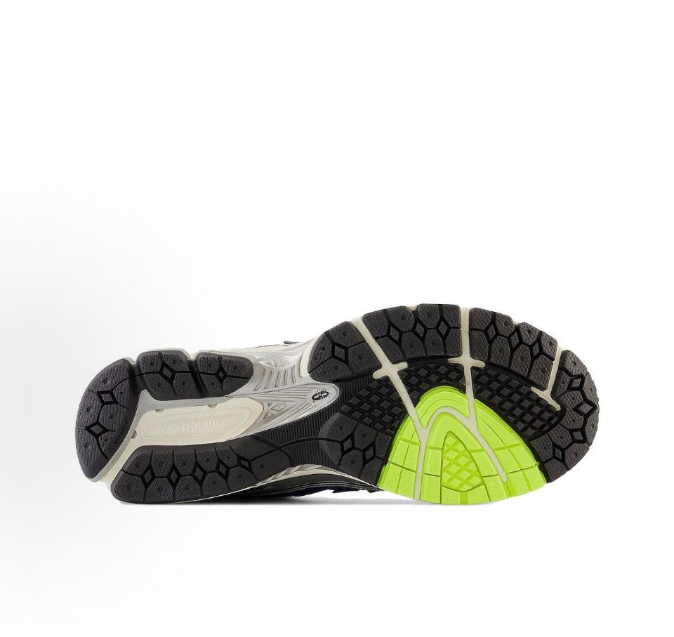 Blue, white, and neon green sneaker outsole with hex tread pattern