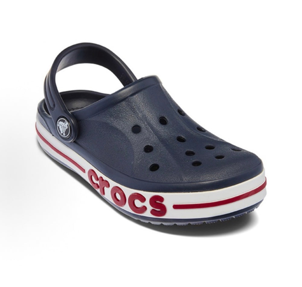 Crocs clog in dark navy with ventilation holes and red/white stripe midsole