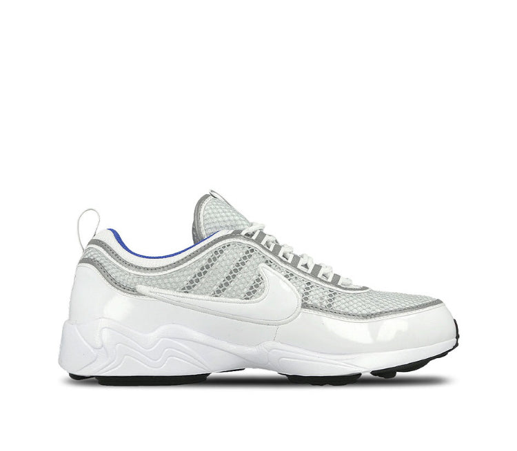 Nike Spiridon low-top running shoe, white with gray mesh and blue accents