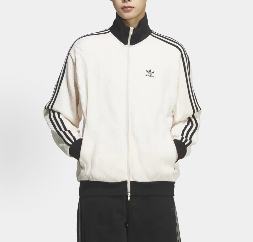Adidas track jacket white knit with black stripes on sleeves, stand collar, full zip.