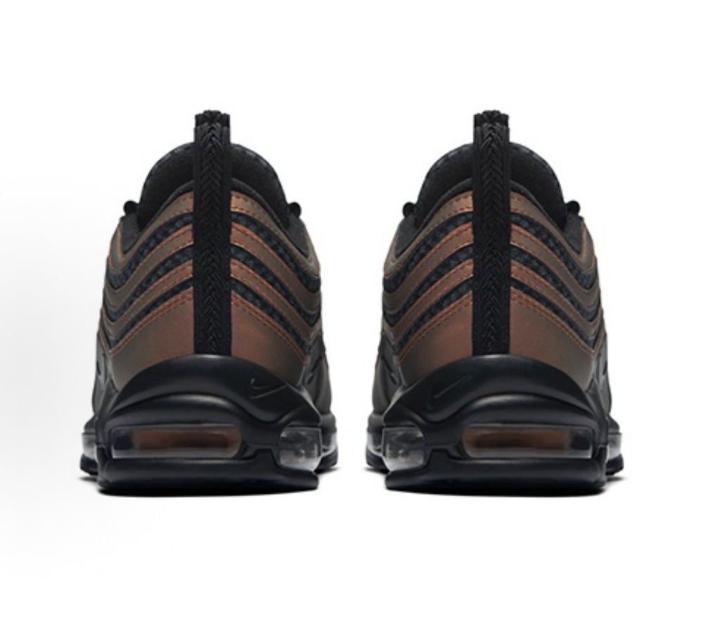 Nike Air Max 97/AJ988-900 sneakers, rear view with black heels and bronze stripe detail