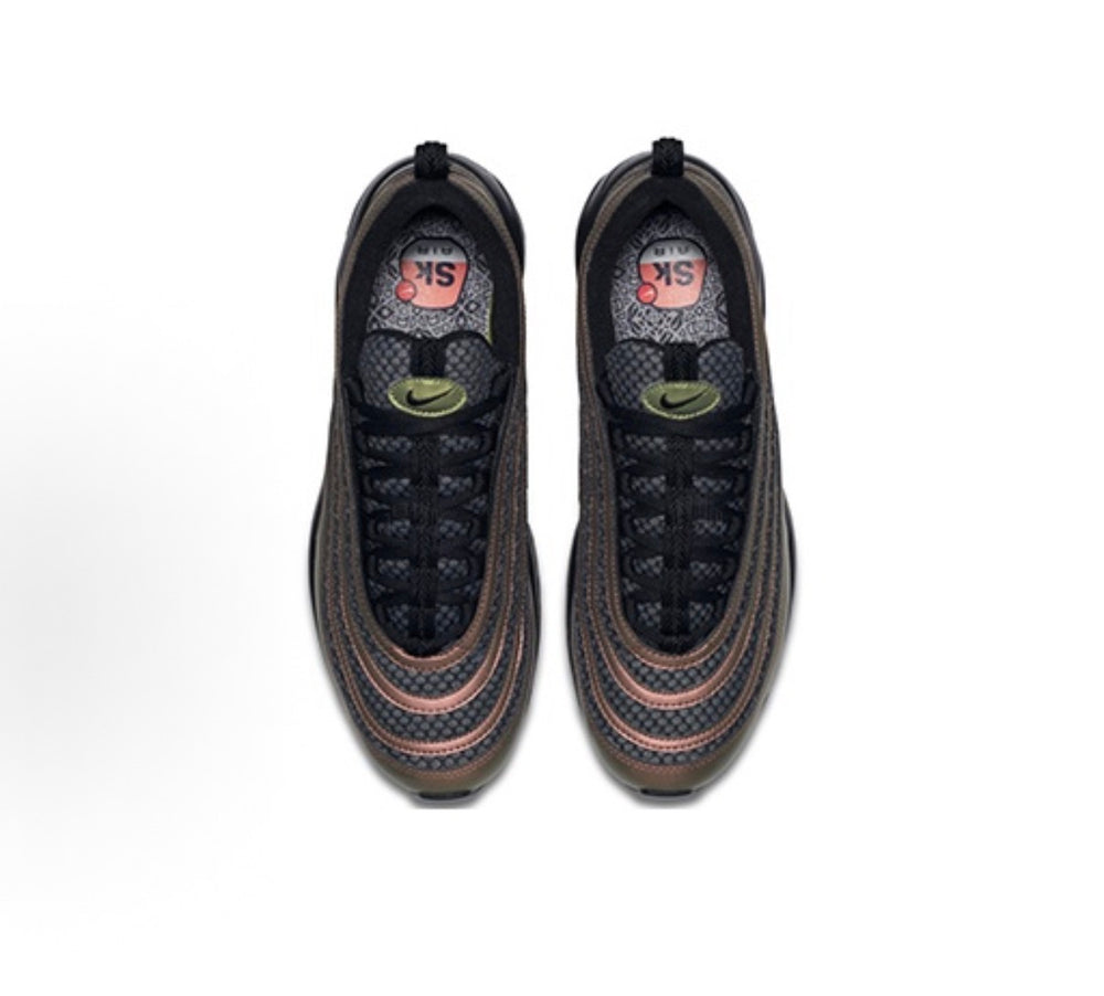 Nike Air Max 97/AJ988-900 sneakers, top view of black laces and bronze-trim knit