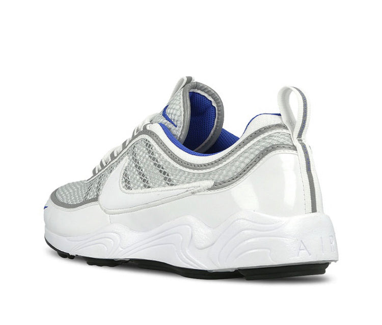 Nike Spiridon sneaker heel and quarter, white synthetic with blue lining