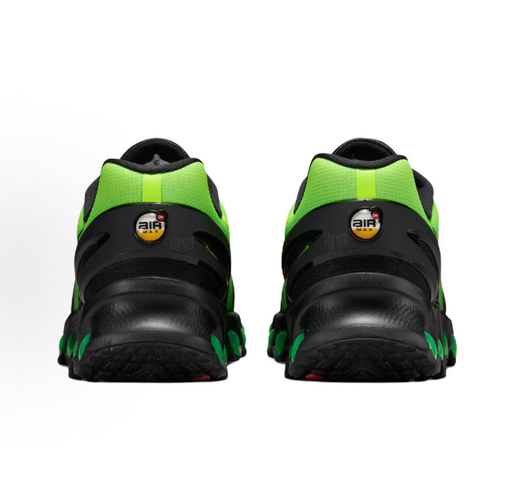 Nike Air Max Dn8 heel view pair, black design with neon green panels and padded collar