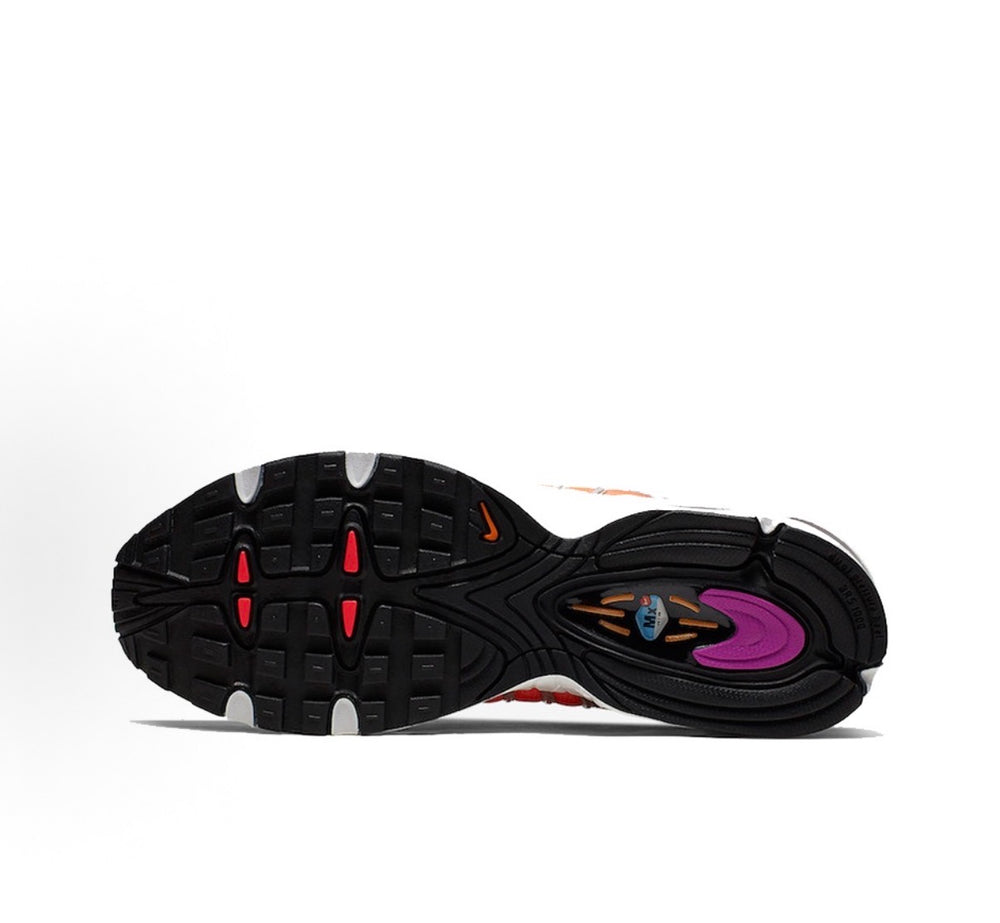 Nike sneaker outsole view with dark tread and multi-color logo detailing