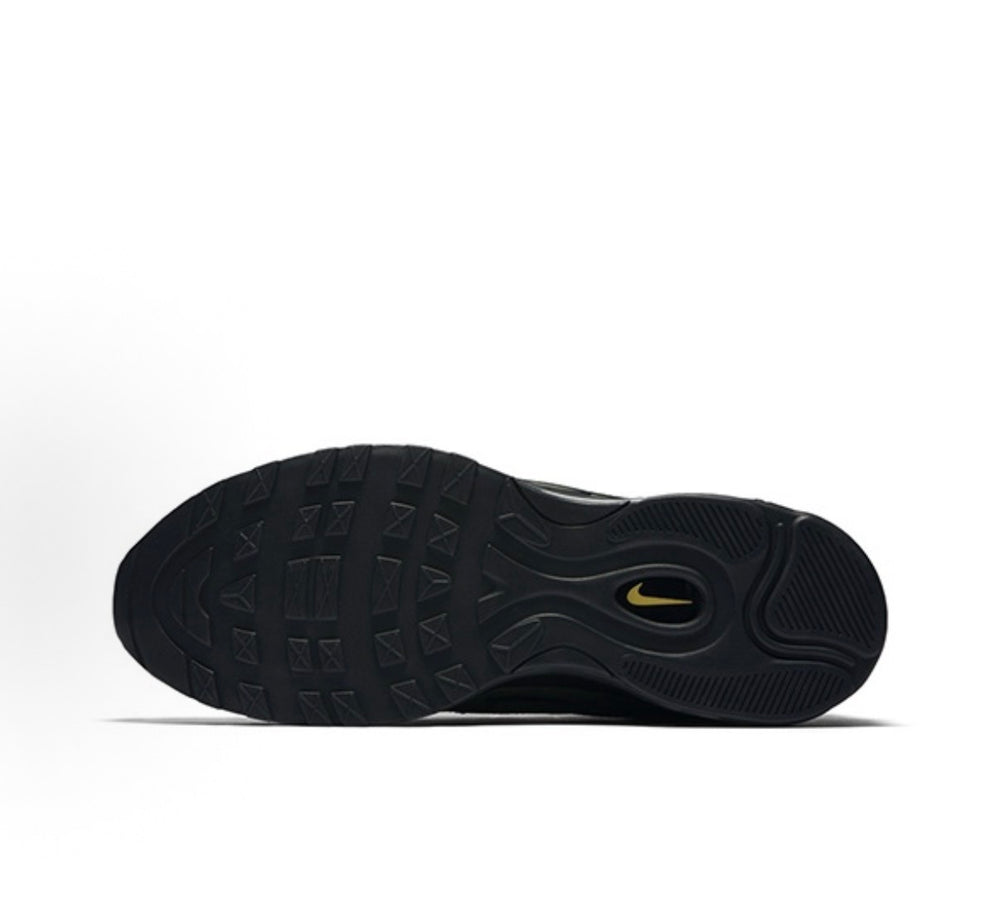 Nike Air Max 97/AJ988-900 sneakers outsole, dark tread with yellow swoosh mark