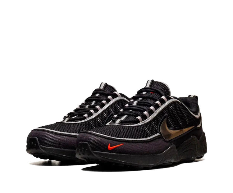 Nike Spiridon black mesh sneaker with metallic silver swoosh and red heel logo