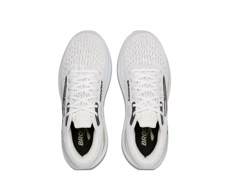 White running shoe pair with white laces and black tongue branding