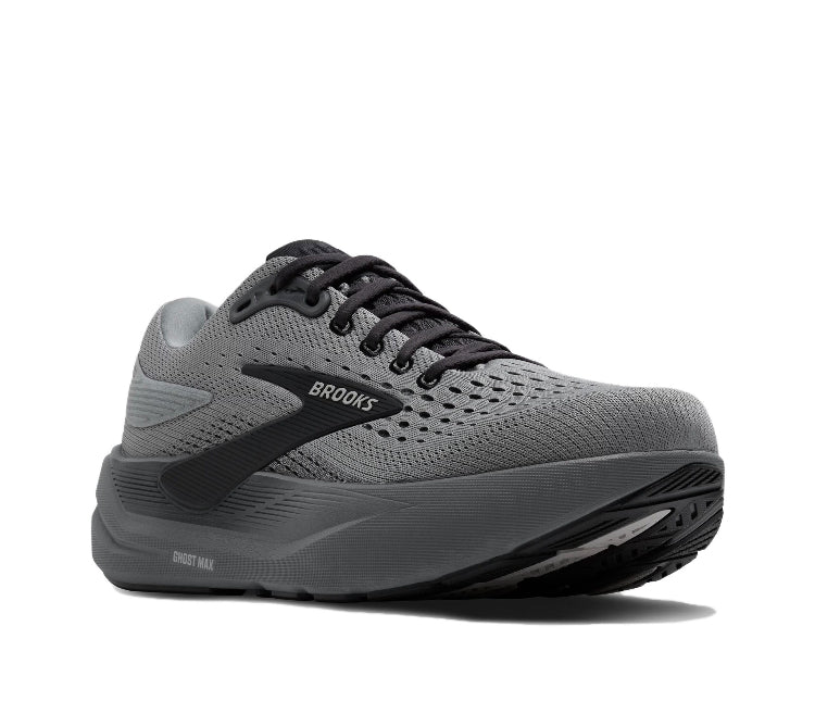 Gray running shoe with black side panel and lace-up closure, side view