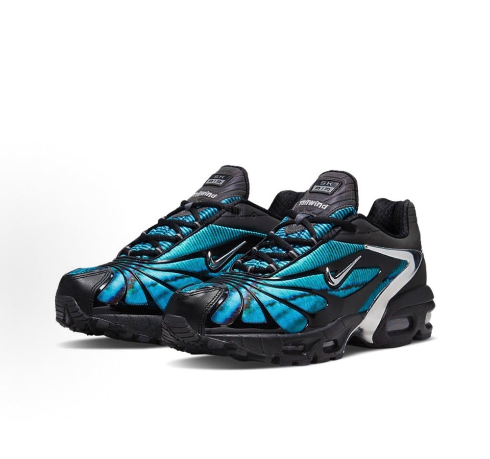 Nike Air Max Tailwind 5 sneakers, black and teal patterned upper with swoosh and lace eyelets