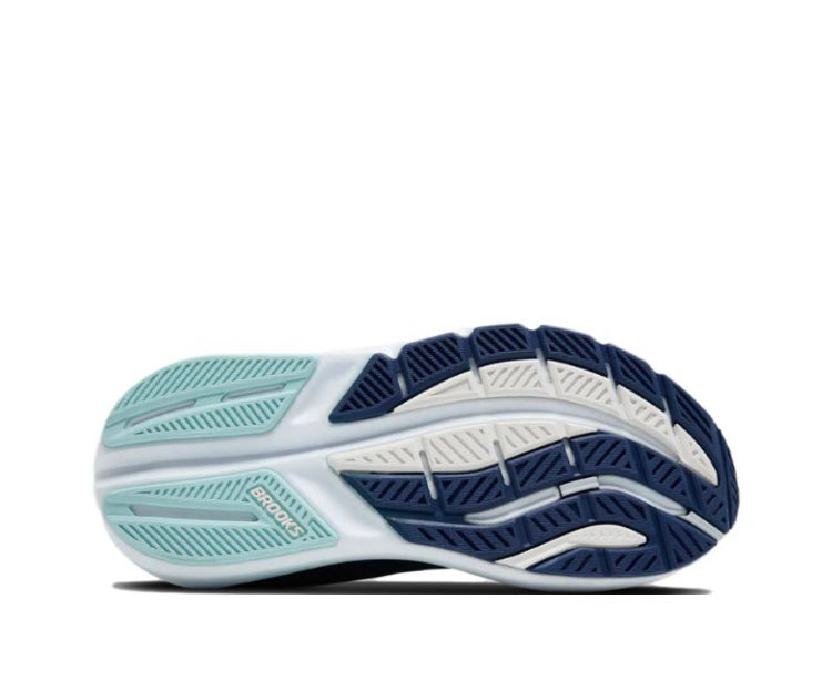 Outsole view of navy running sneaker with mint-green tread channels