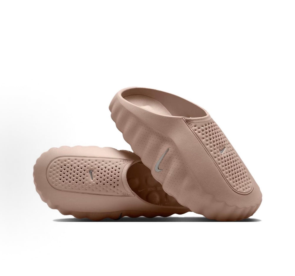 Nike slide sandals in taupe, side and top views with perforated footbed