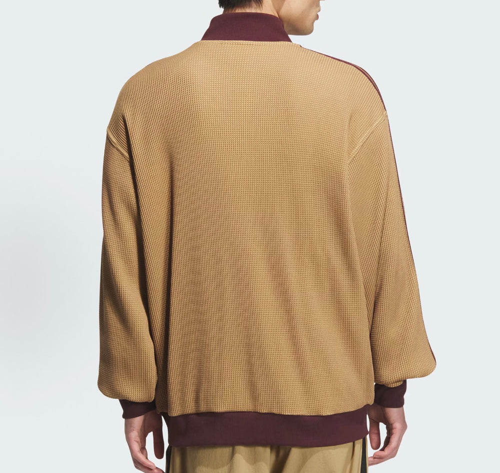 Adidas tan track jacket back with maroon collar and three stripe sleeves
