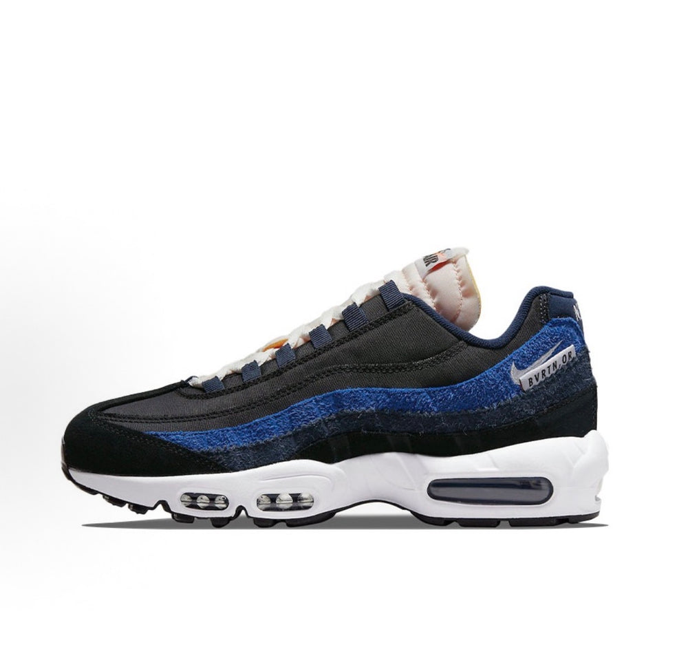 Nike Air Max 95 sneakers, black and blue upper with white midsole and visible Air units.
