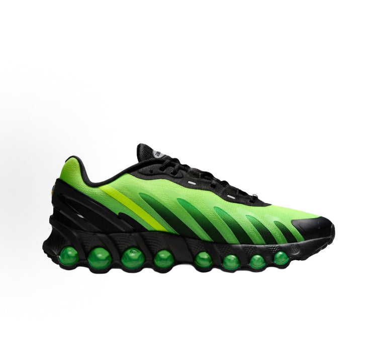 Nike Air Max Dn8 side profile sneaker, neon green stripes on black upper with green pod outsole