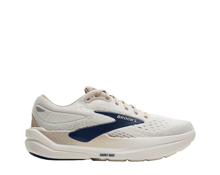 Beige lace-up running shoe with blue stripe and cushioned midsole
