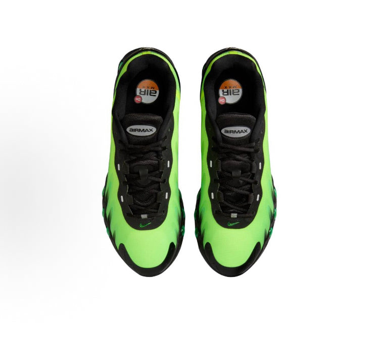 Nike Air Max Dn8 front view pair, neon green uppers with black laces and toe caps