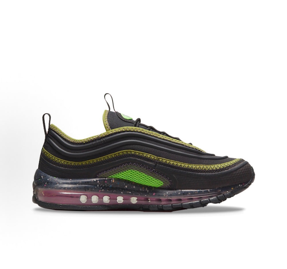 Nike Air Max 97 sneakers, angled side profile with neon green accent and air unit sole
