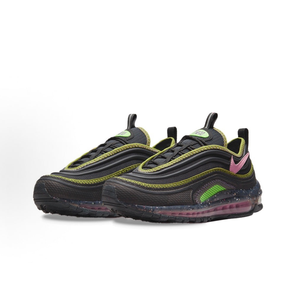 Nike Air Max 97 sneakers, side view with black, neon green trim and translucent purple sole
