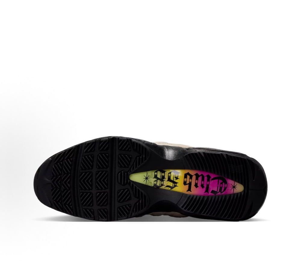 Nike Air Max 95 sneaker outsole, black tread with multicolor logo print