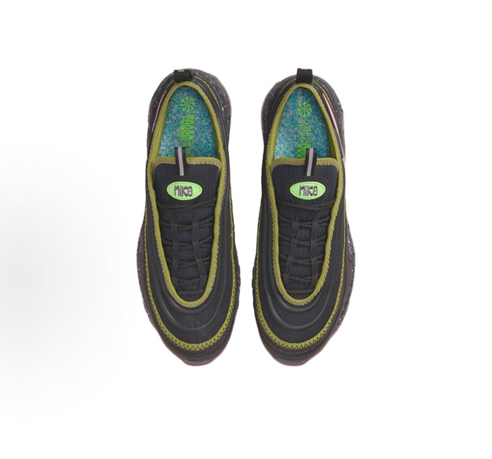 Nike Air Max 97 sneakers, open collar with neon green lining and black insole logo