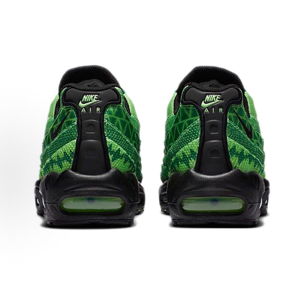 Nike Air Max 95 sneaker heels facing back, Nike Air branding and green-black upper