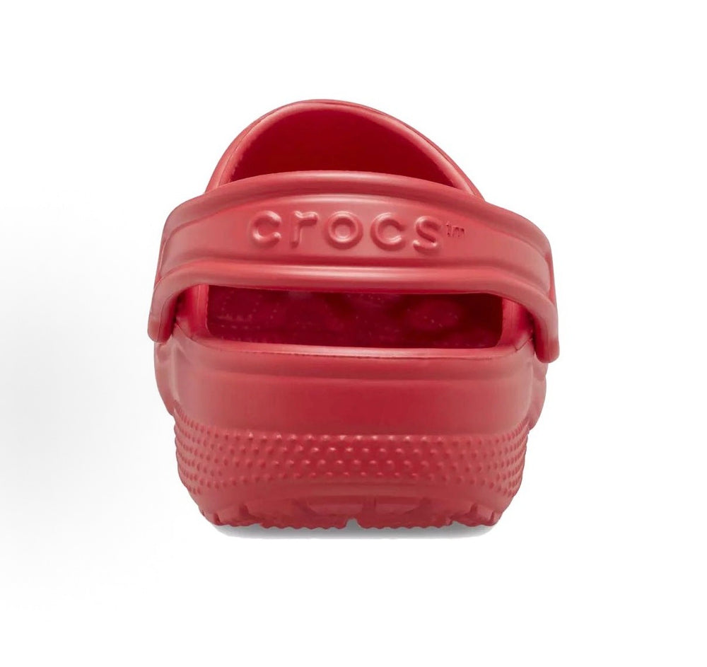 Red Crocs clog sandal with molded backstrap and ventilation holes on top