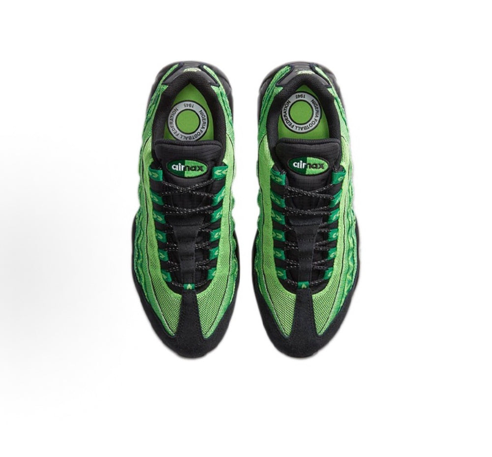 Nike Air Max 95 sneaker tongues and insoles detail, green accents with black laces